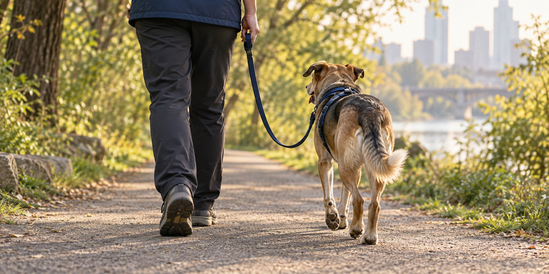 A Recovery Walk participant and a shelter dog walking together on a park trail.