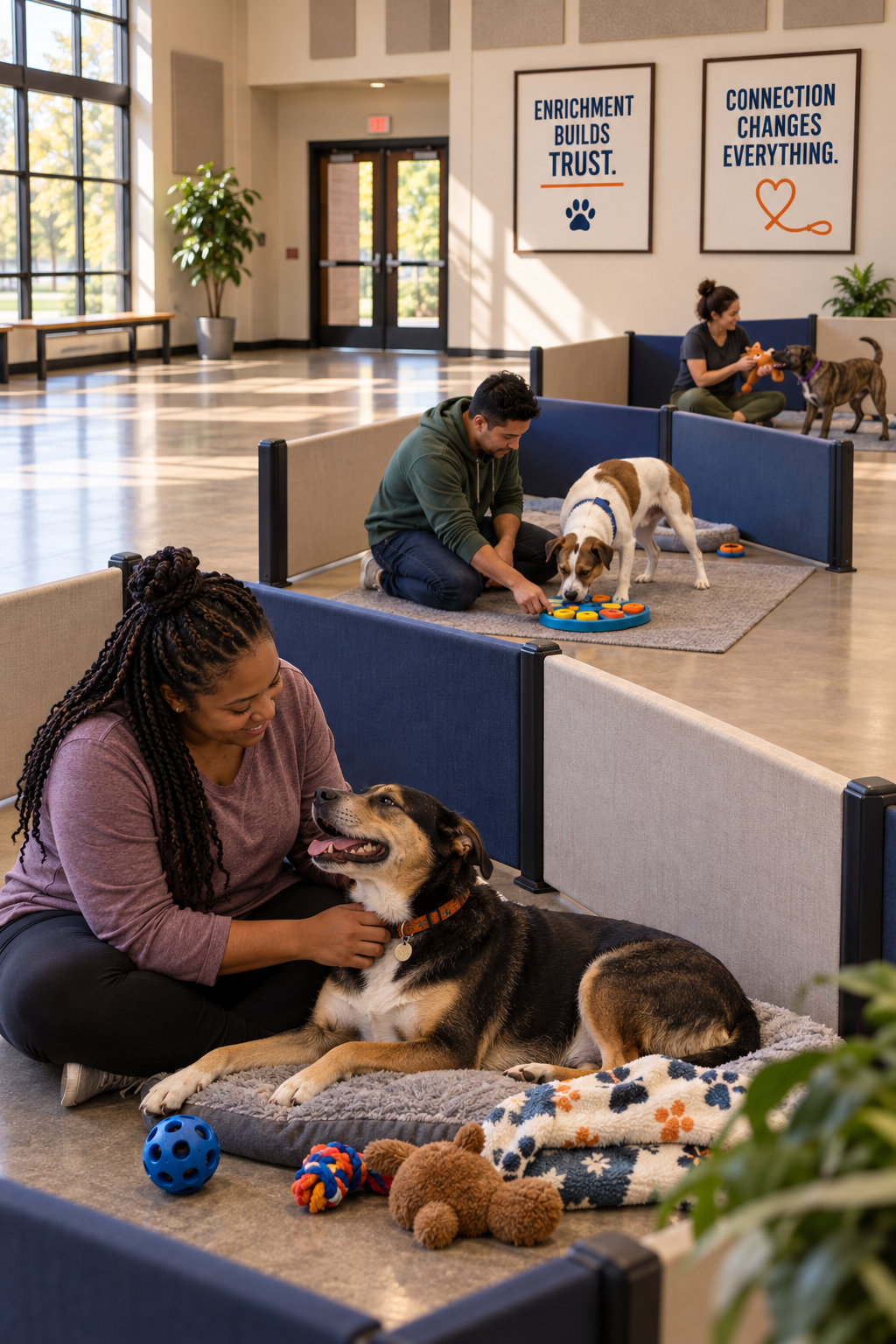 Participants providing shelter dogs with enrichment in separate activity stations.